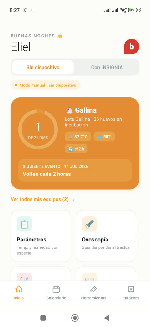 Pantalla de inicio en modo manual, sin dispositivo