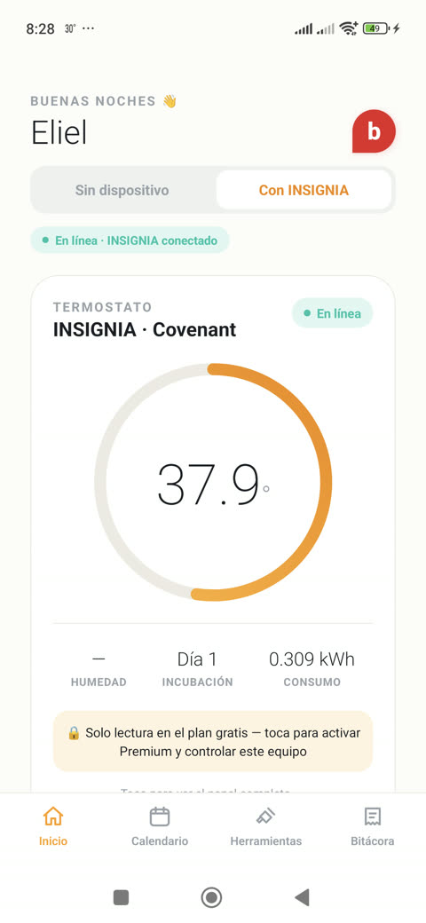 Pantalla de inicio de la app BirdieLab con INSIGNIA conectado en vivo
