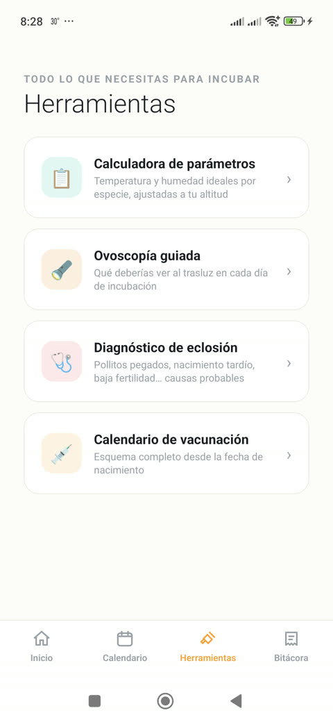 Pantalla de herramientas: calculadora, ovoscopía, diagnóstico y vacunación